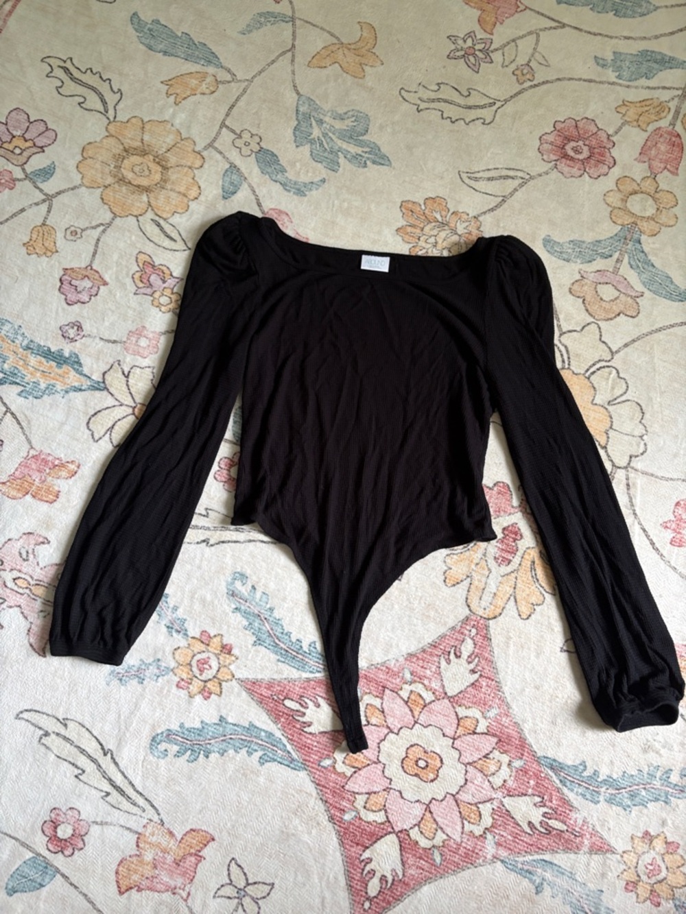 Abound Black Long-Sleeve Scoop Bodysuit with Puff Shoulders